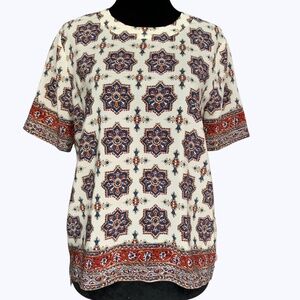 Madewell silk Cream Boho Print Short Sleeve Blouse with Blue and Rust Accents